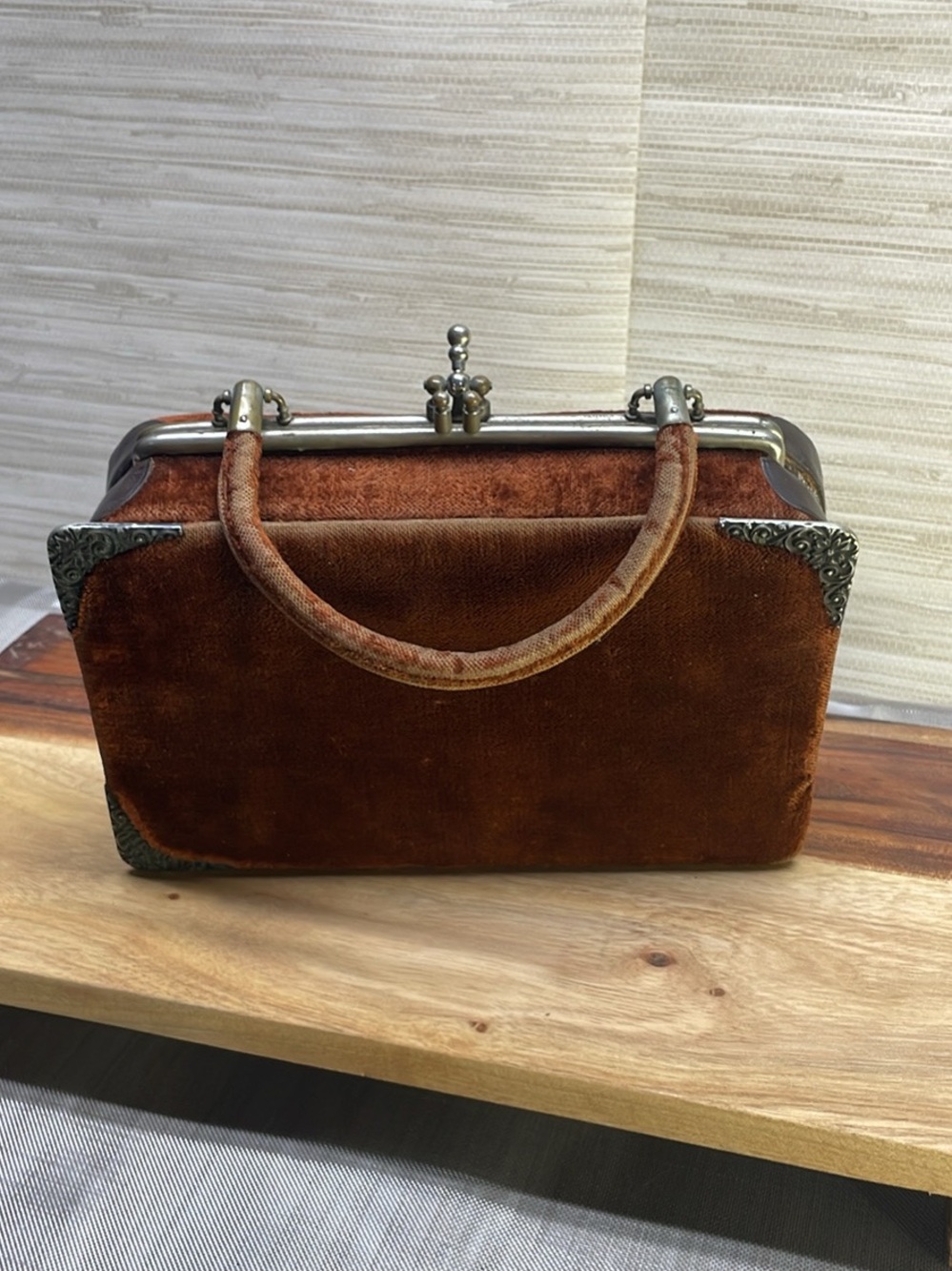 Velvet Frame Wristlet in Rich Brown with Ornate Silver Corners